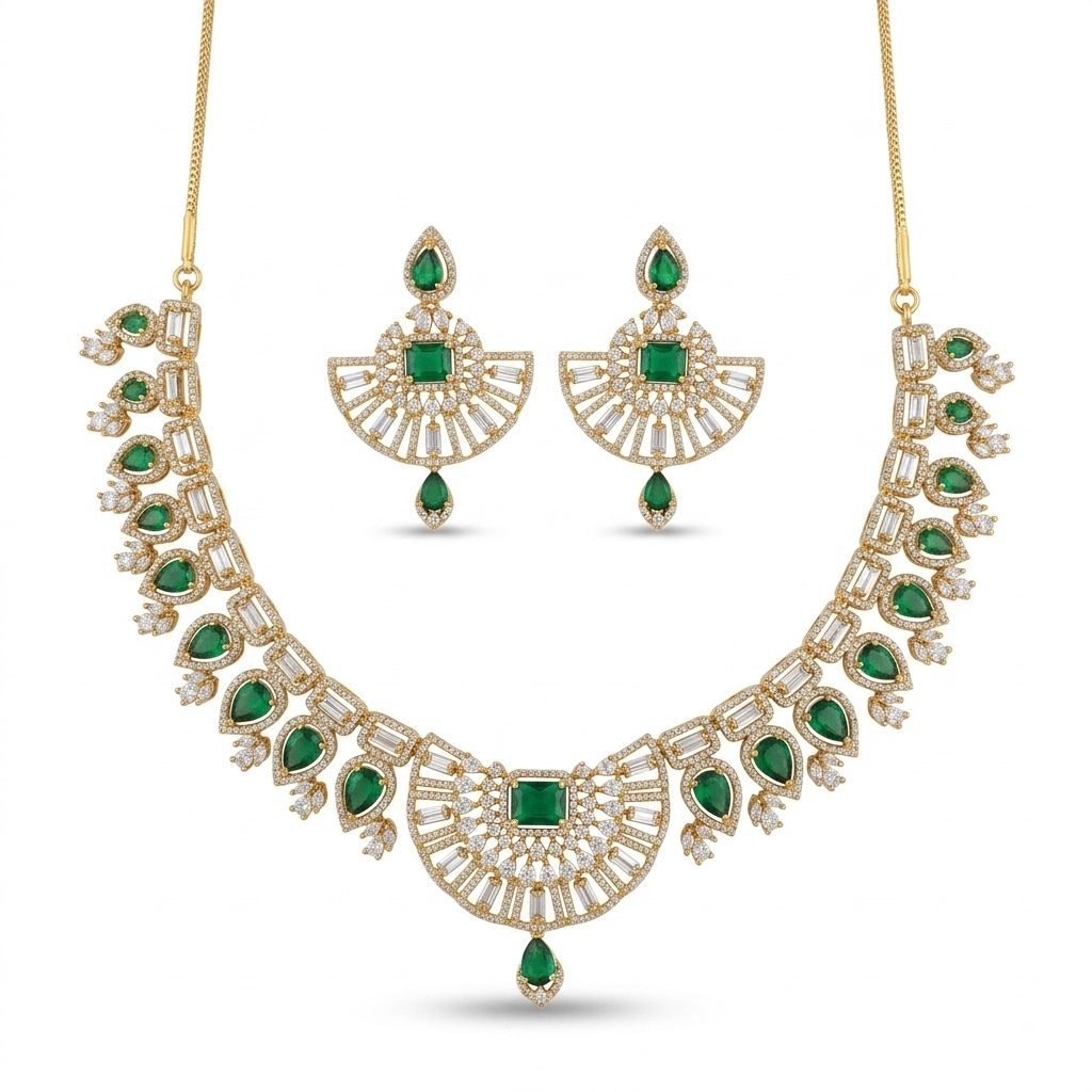 Diamond Fan-Motif Necklace Set — necklaces — Star Jewels artificial jewelry