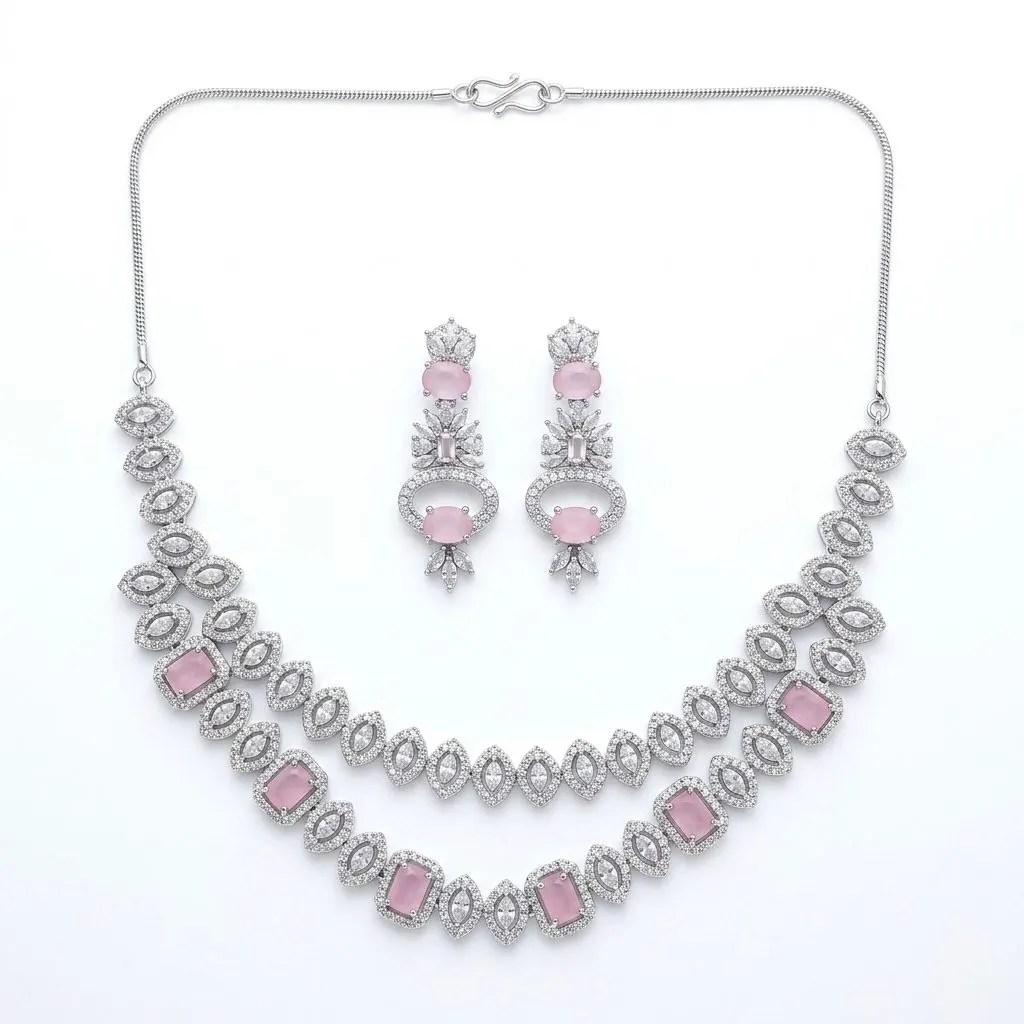Rhodium-Plated Pink  Zirconia Set — necklaces — Star Jewels artificial jewelry