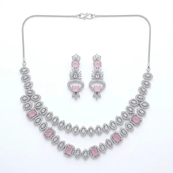 Rhodium-Plated Pink  Zirconia Set — necklaces — Star Jewels artificial jewelry
